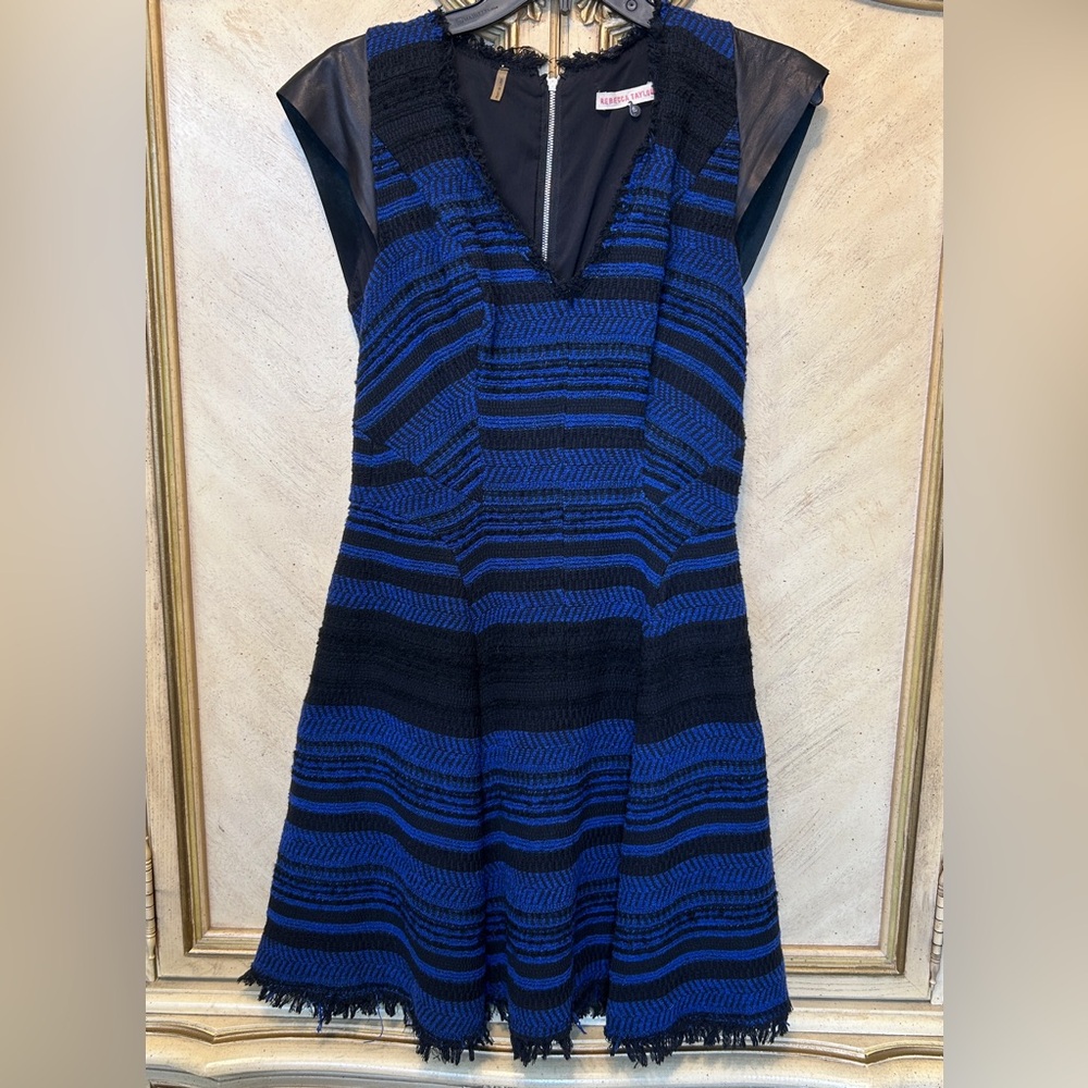 Rebecca Taylor Blue & Black Tweed Leather Cap Sleeve Fringe Hem Back Zip Dress